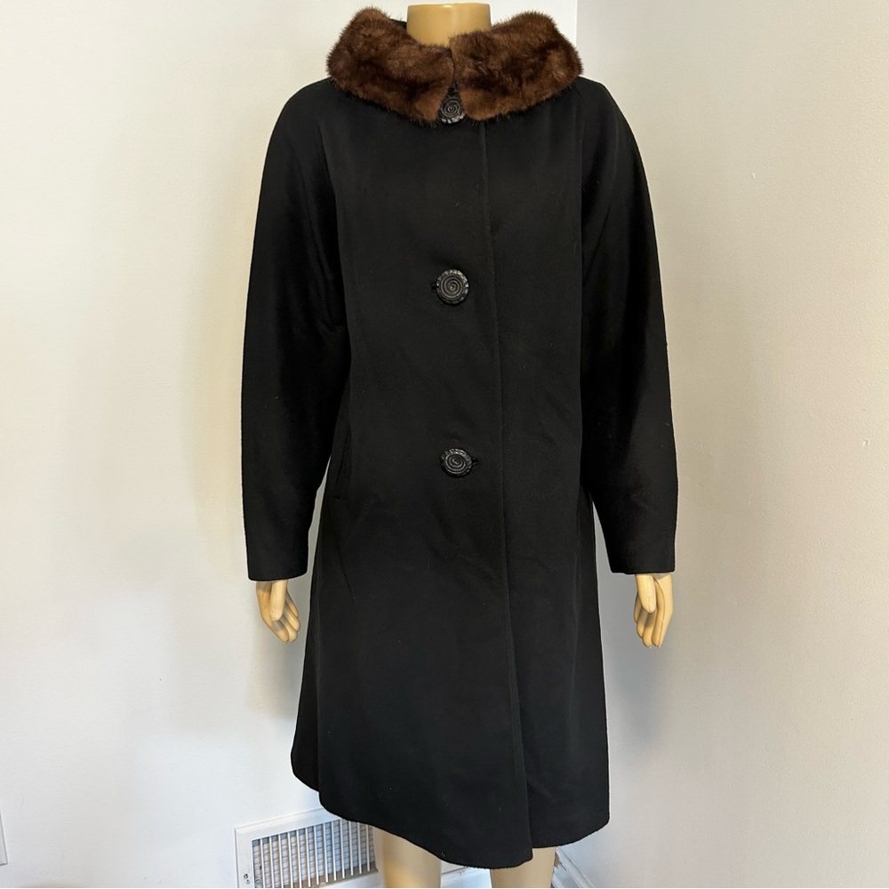 Michel Daniel Paris Vintage Black Wool Coat Real Fur Collar Swirl Buttons France